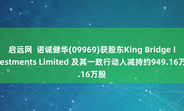 启远网  诺诚健华(09969)获股东King Bridge Investments Limited 及其一致行动人减持约949.16万股